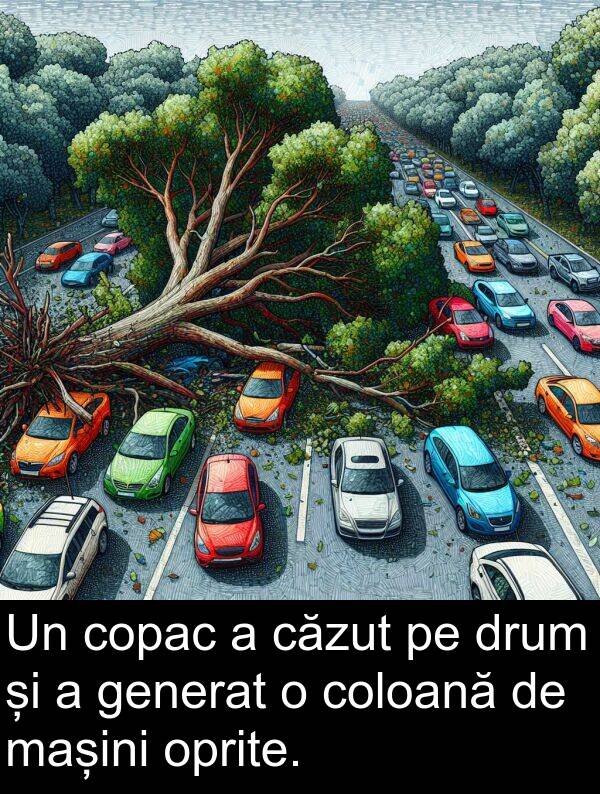 generat: Un copac a căzut pe drum și a generat o coloană de mașini oprite.