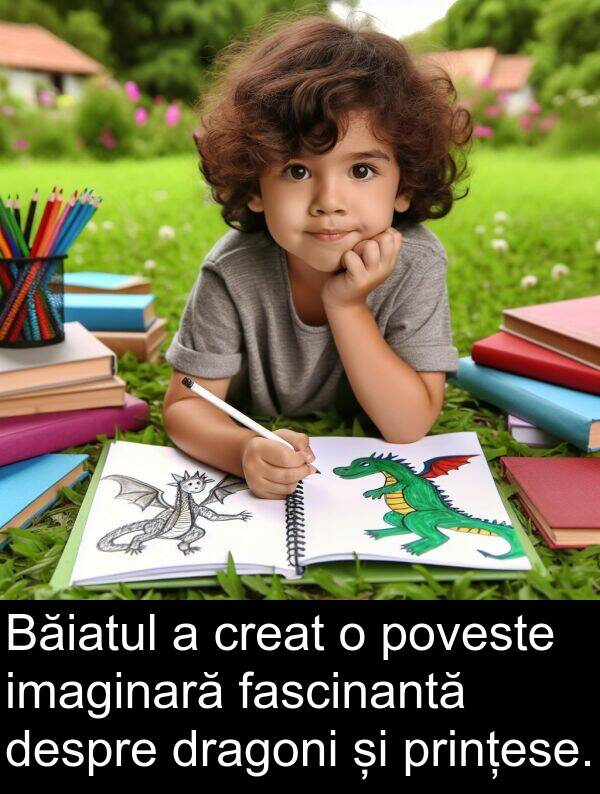 poveste: Băiatul a creat o poveste imaginară fascinantă despre dragoni și prințese.
