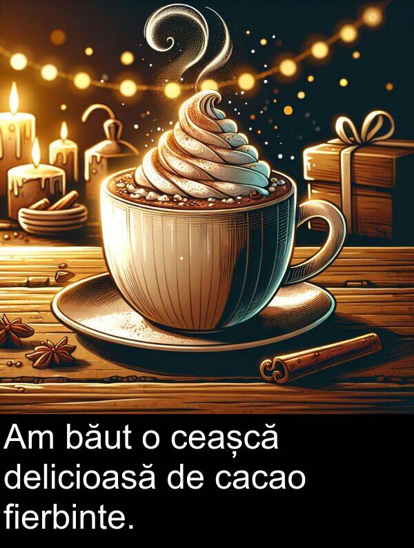 cacao: Am băut o ceașcă delicioasă de cacao fierbinte.