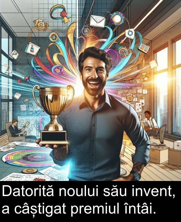 premiul: Datorită noului său invent, a câștigat premiul întâi.