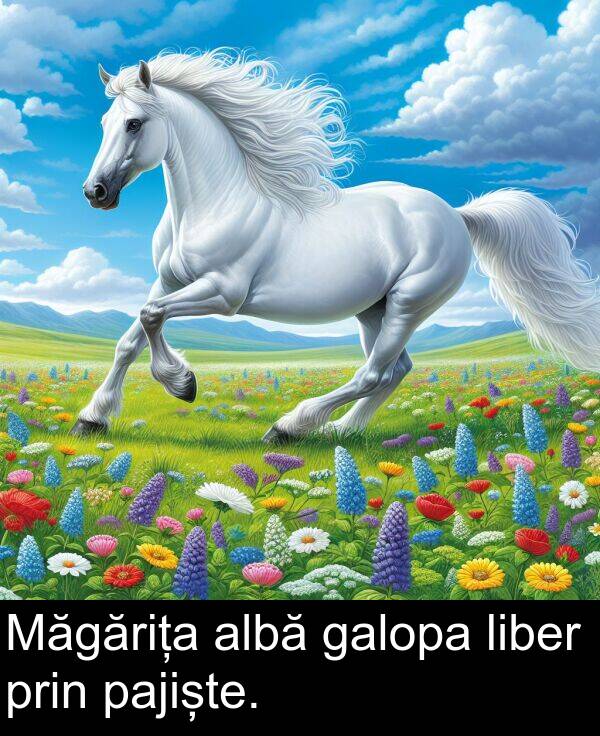 galopa: Măgărița albă galopa liber prin pajiște.