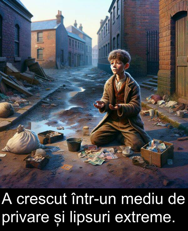 lipsuri: A crescut într-un mediu de privare și lipsuri extreme.