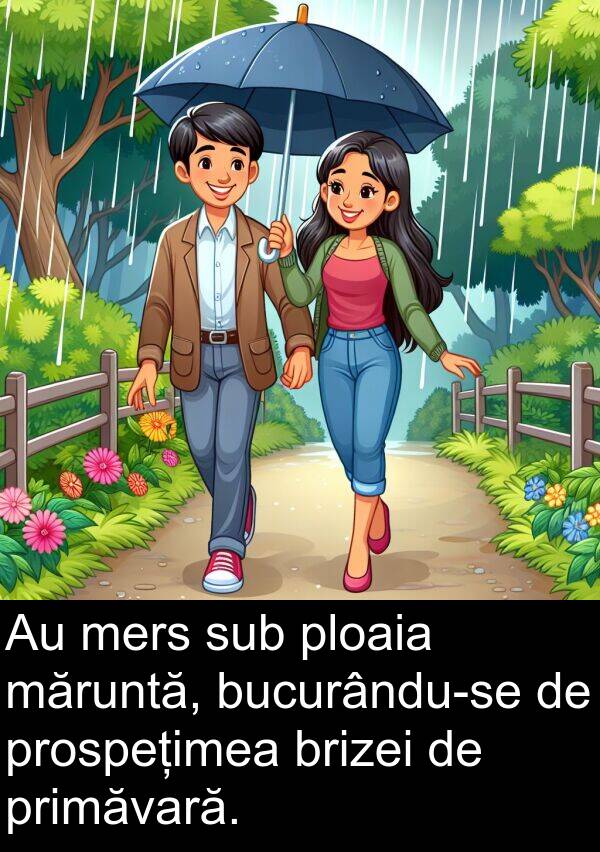 prospețimea: Au mers sub ploaia măruntă, bucurându-se de prospețimea brizei de primăvară.