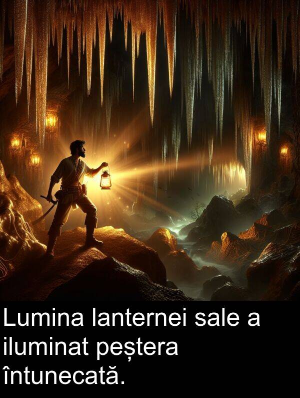 sale: Lumina lanternei sale a iluminat peștera întunecată.