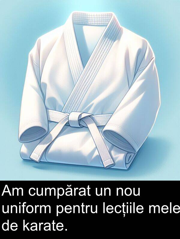 karate: Am cumpărat un nou uniform pentru lecțiile mele de karate.