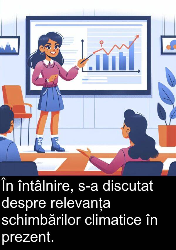 prezent: În întâlnire, s-a discutat despre relevanța schimbărilor climatice în prezent.