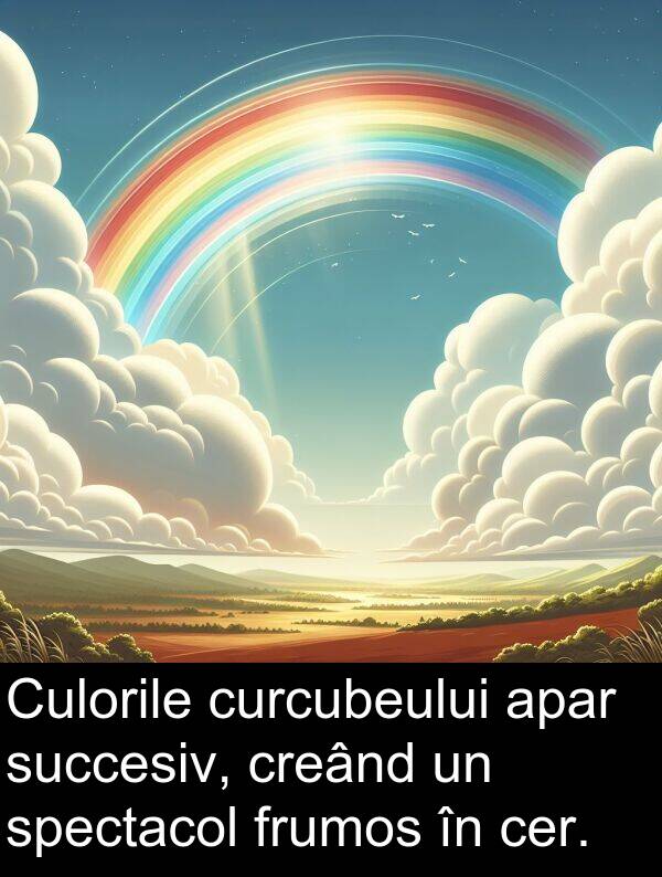 frumos: Culorile curcubeului apar succesiv, creând un spectacol frumos în cer.