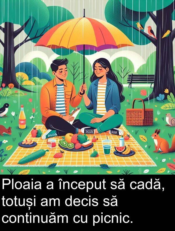 cadă: Ploaia a început să cadă, totuși am decis să continuăm cu picnic.