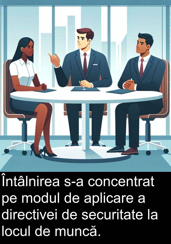concentrat: Întâlnirea s-a concentrat pe modul de aplicare a directivei de securitate la locul de muncă.