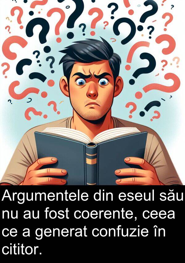 generat: Argumentele din eseul său nu au fost coerente, ceea ce a generat confuzie în cititor.