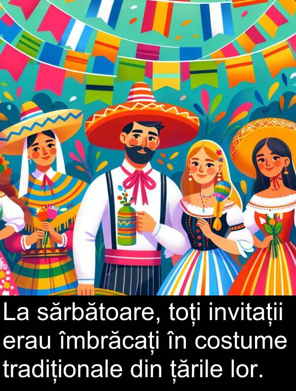 sărbătoare: La sărbătoare, toți invitații erau îmbrăcați în costume tradiționale din țările lor.