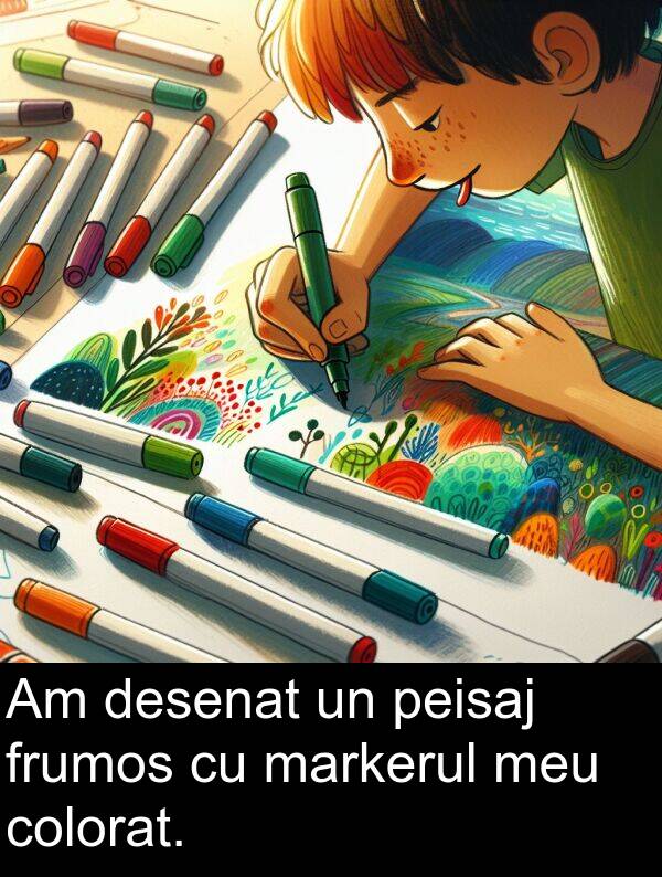 frumos: Am desenat un peisaj frumos cu markerul meu colorat.