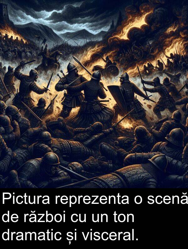 ton: Pictura reprezenta o scenă de război cu un ton dramatic și visceral.