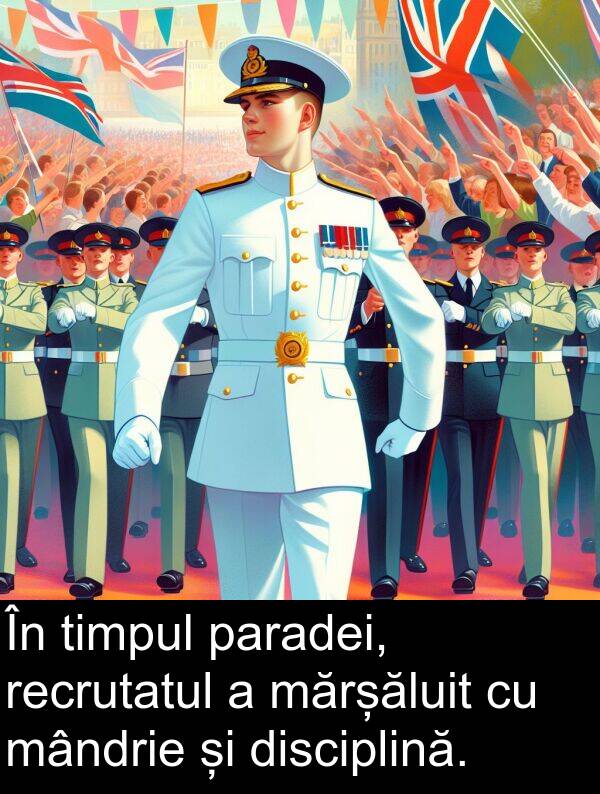 paradei: În timpul paradei, recrutatul a mărșăluit cu mândrie și disciplină.