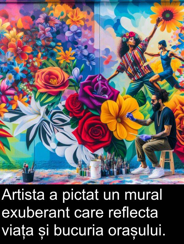 reflecta: Artista a pictat un mural exuberant care reflecta viața și bucuria orașului.