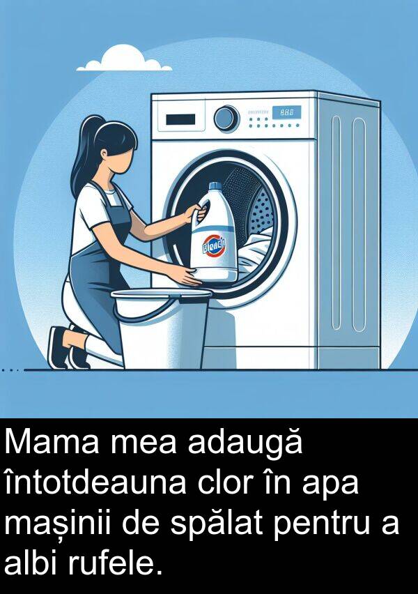 albi: Mama mea adaugă întotdeauna clor în apa mașinii de spălat pentru a albi rufele.