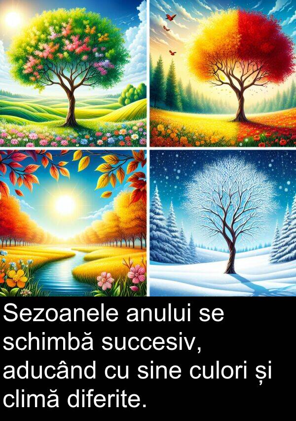 schimbă: Sezoanele anului se schimbă succesiv, aducând cu sine culori și climă diferite.