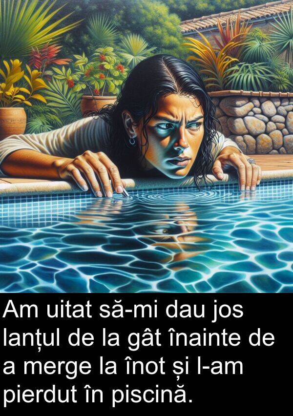 gât: Am uitat să-mi dau jos lanțul de la gât înainte de a merge la înot și l-am pierdut în piscină.