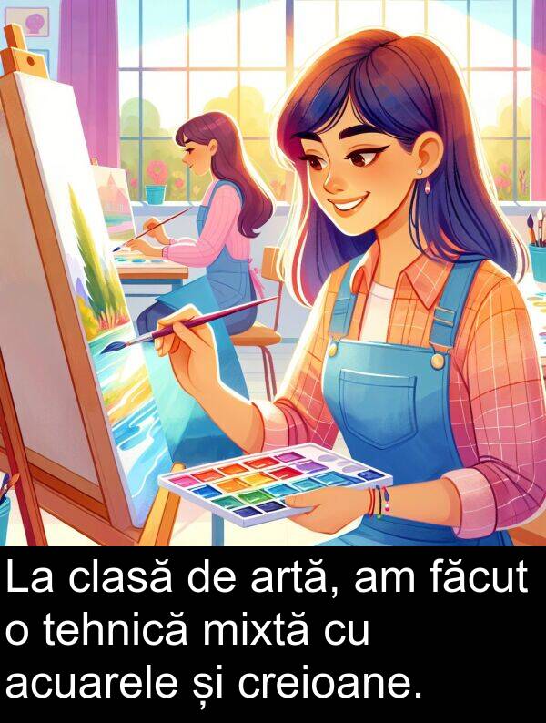 tehnică: La clasă de artă, am făcut o tehnică mixtă cu acuarele și creioane.