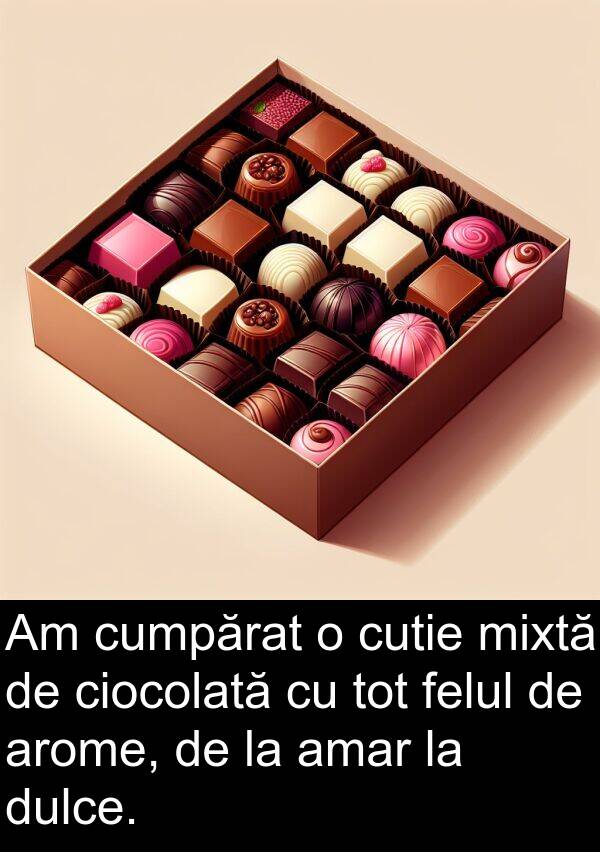 ciocolată: Am cumpărat o cutie mixtă de ciocolată cu tot felul de arome, de la amar la dulce.