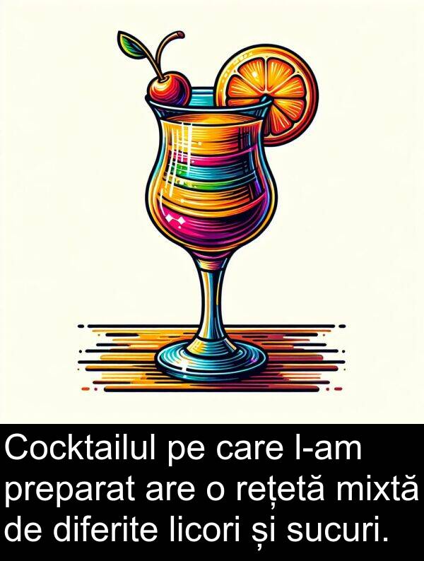 rețetă: Cocktailul pe care l-am preparat are o rețetă mixtă de diferite licori și sucuri.