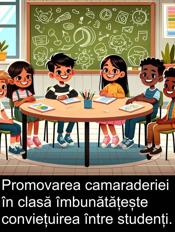 îmbunătățește: Promovarea camaraderiei în clasă îmbunătățește conviețuirea între studenți.