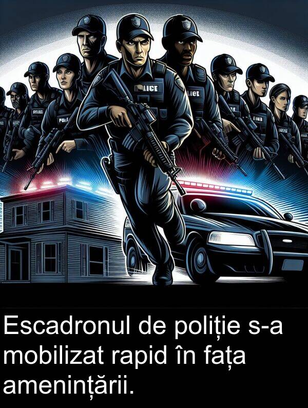 rapid: Escadronul de poliție s-a mobilizat rapid în fața amenințării.
