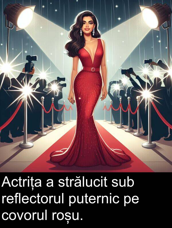roșu: Actrița a strălucit sub reflectorul puternic pe covorul roșu.