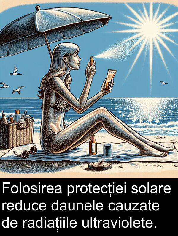 radiațiile: Folosirea protecției solare reduce daunele cauzate de radiațiile ultraviolete.
