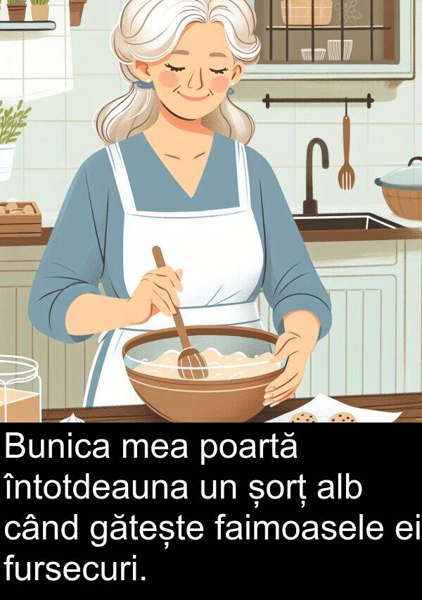 șorț: Bunica mea poartă întotdeauna un șorț alb când gătește faimoasele ei fursecuri.