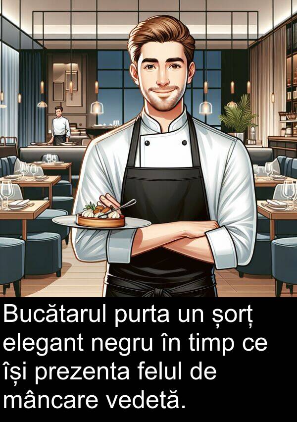 șorț: Bucătarul purta un șorț elegant negru în timp ce își prezenta felul de mâncare vedetă.