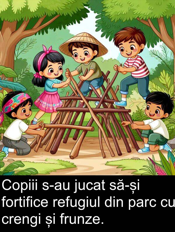 jucat: Copiii s-au jucat să-și fortifice refugiul din parc cu crengi și frunze.