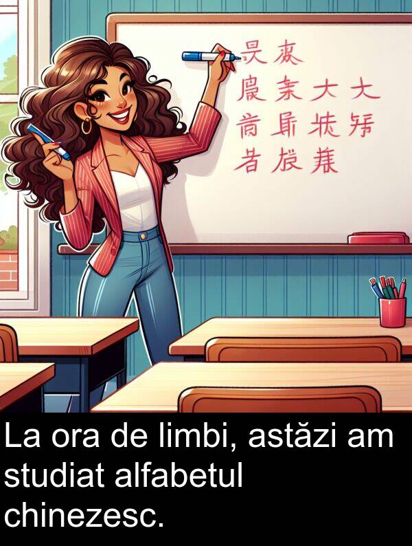 chinezesc: La ora de limbi, astăzi am studiat alfabetul chinezesc.