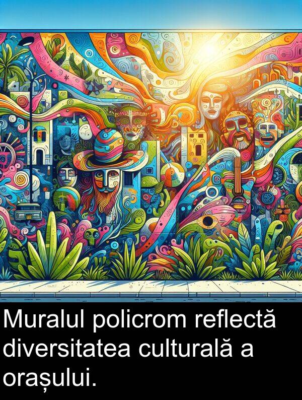 reflectă: Muralul policrom reflectă diversitatea culturală a orașului.