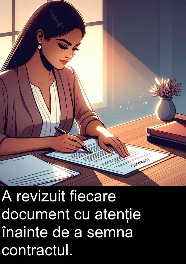 înainte: A revizuit fiecare document cu atenție înainte de a semna contractul.