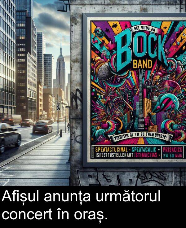 oraș: Afișul anunța următorul concert în oraș.