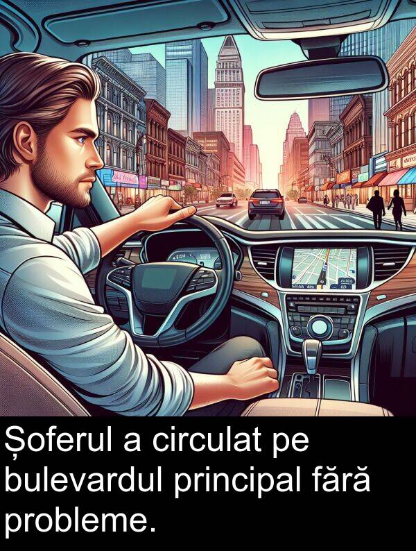 fără: Șoferul a circulat pe bulevardul principal fără probleme.