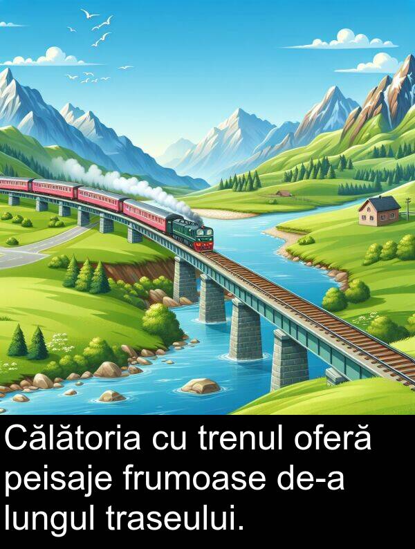 oferă: Călătoria cu trenul oferă peisaje frumoase de-a lungul traseului.