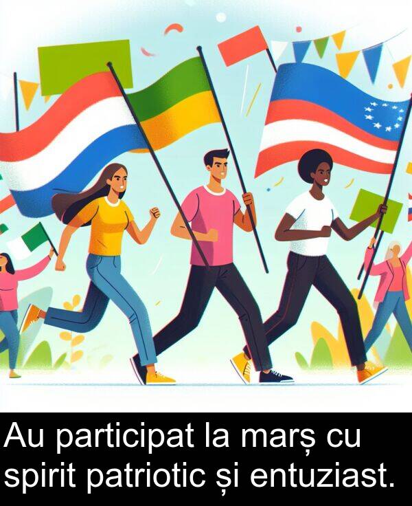 entuziast: Au participat la marș cu spirit patriotic și entuziast.