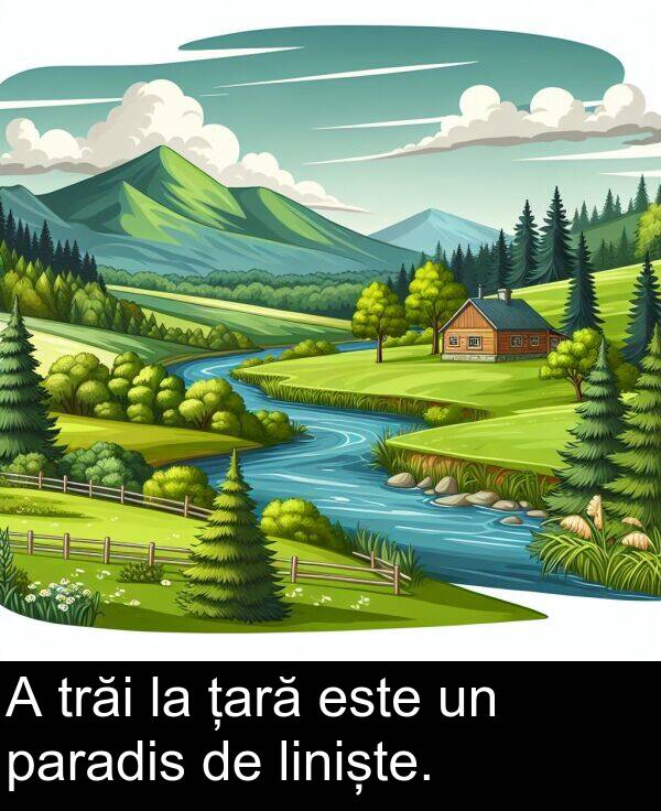țară: A trăi la țară este un paradis de liniște.