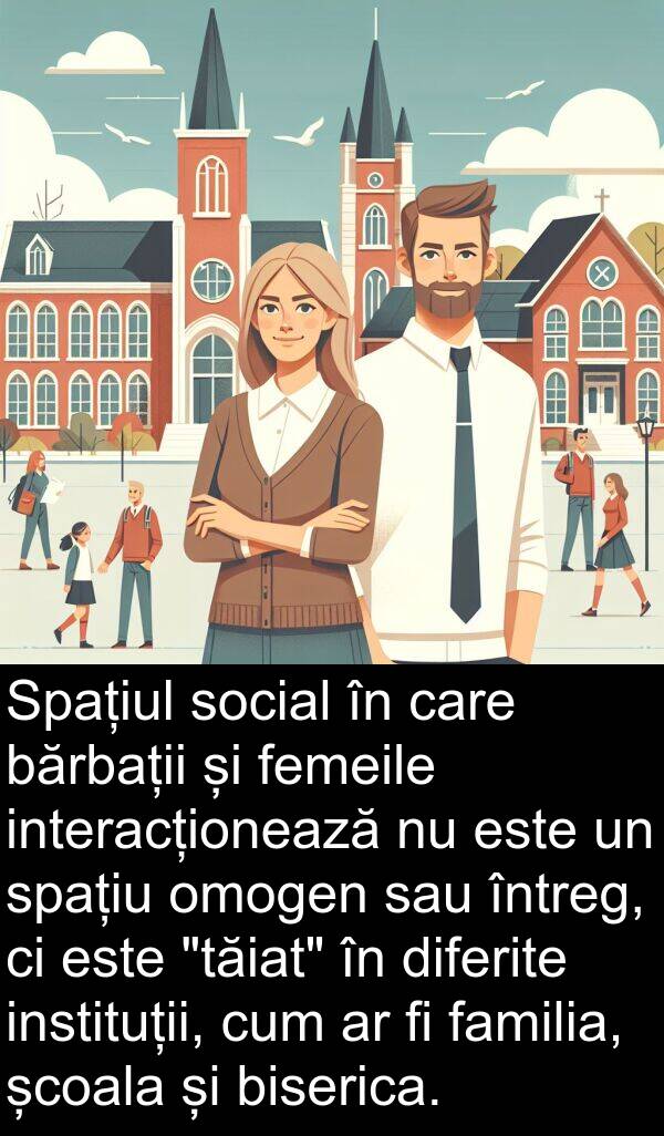 familia: Spațiul social în care bărbații și femeile interacționează nu este un spațiu omogen sau întreg, ci este "tăiat" în diferite instituții, cum ar fi familia, școala și biserica.