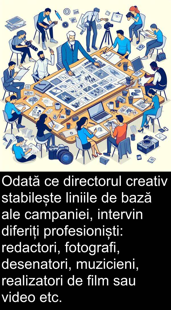 campaniei: Odată ce directorul creativ stabilește liniile de bază ale campaniei, intervin diferiți profesioniști: redactori, fotografi, desenatori, muzicieni, realizatori de film sau video etc.