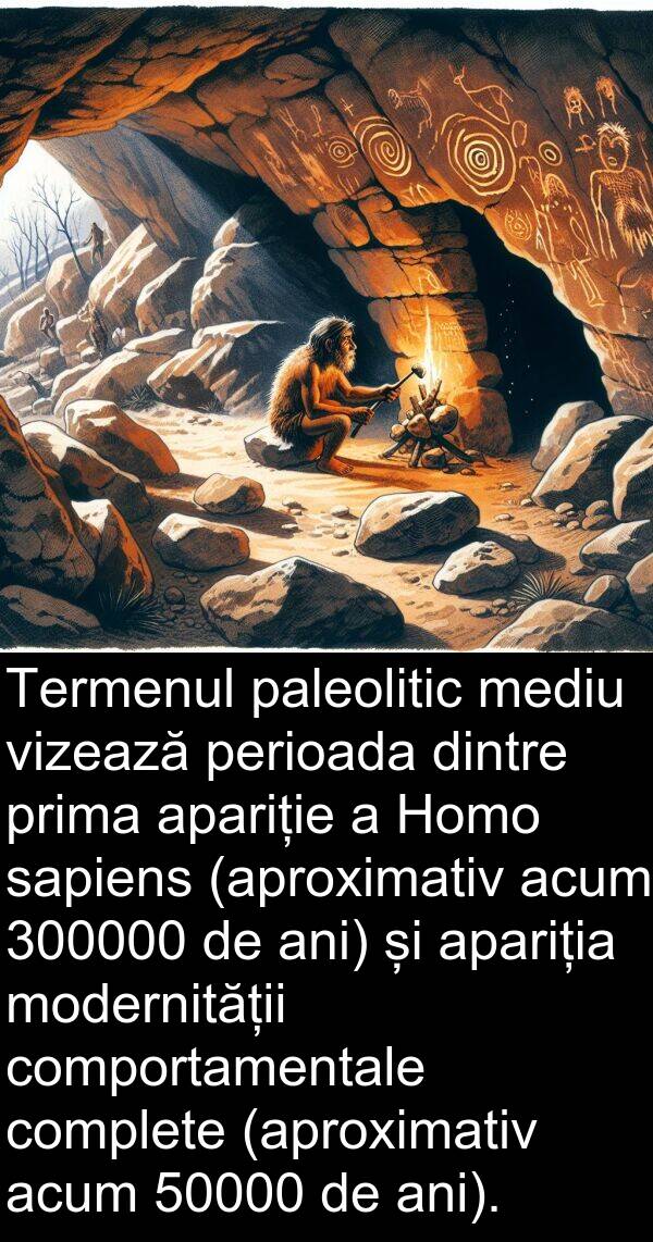 paleolitic: Termenul paleolitic mediu vizează perioada dintre prima apariție a Homo sapiens (aproximativ acum 300000 de ani) și apariția modernității comportamentale complete (aproximativ acum 50000 de ani).