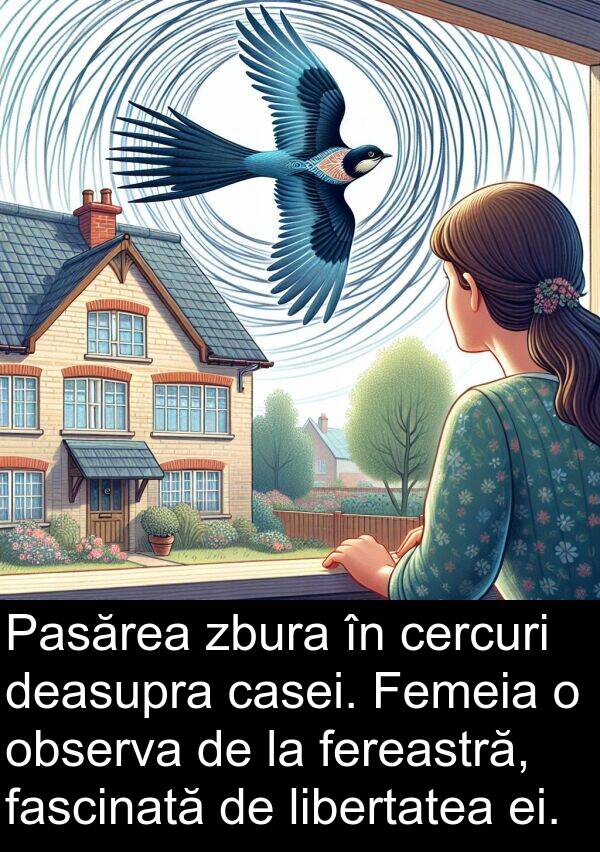 fascinată: Pasărea zbura în cercuri deasupra casei. Femeia o observa de la fereastră, fascinată de libertatea ei.