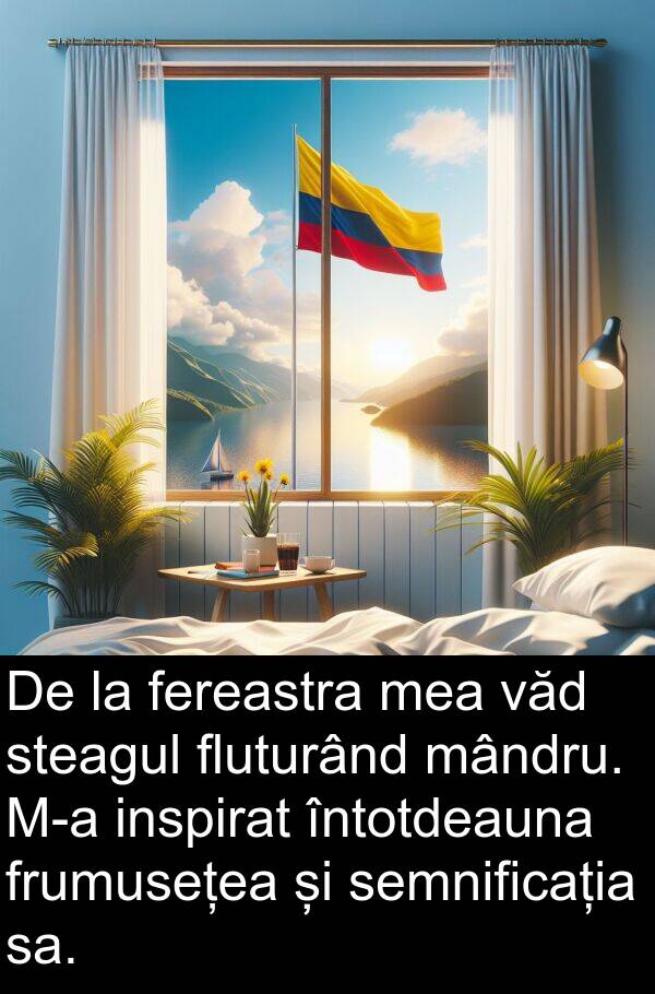 mândru: De la fereastra mea văd steagul fluturând mândru. M-a inspirat întotdeauna frumusețea și semnificația sa.