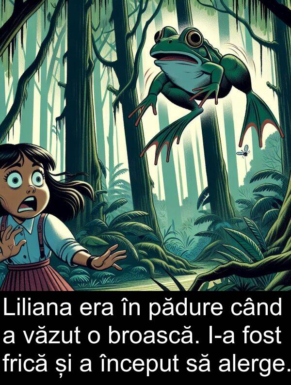 pădure: Liliana era în pădure când a văzut o broască. I-a fost frică și a început să alerge.