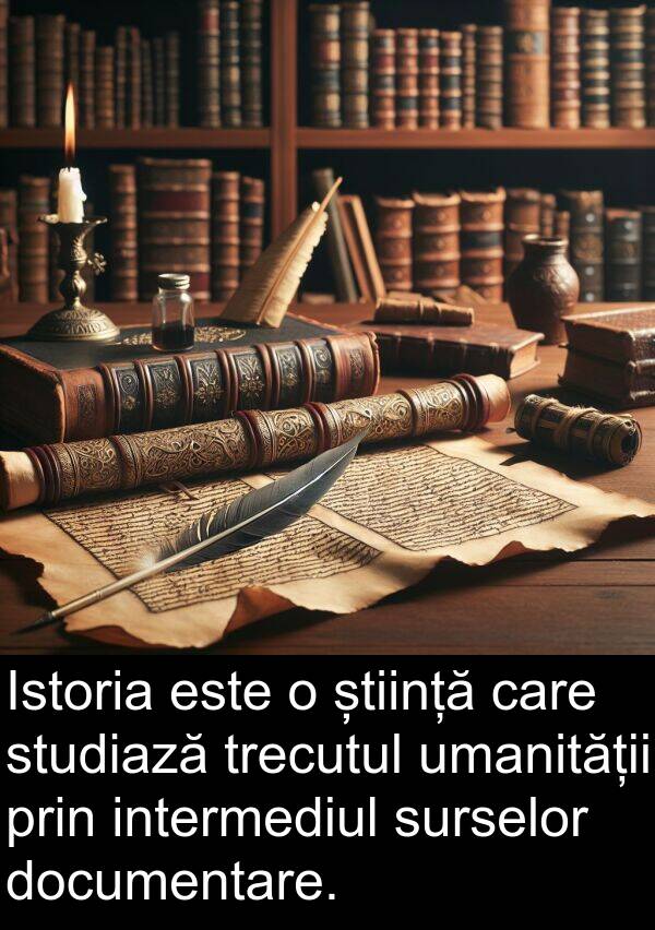 știință: Istoria este o știință care studiază trecutul umanității prin intermediul surselor documentare.