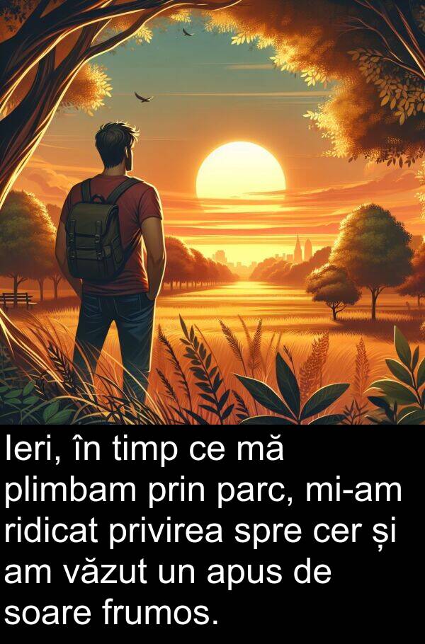 plimbam: Ieri, în timp ce mă plimbam prin parc, mi-am ridicat privirea spre cer și am văzut un apus de soare frumos.