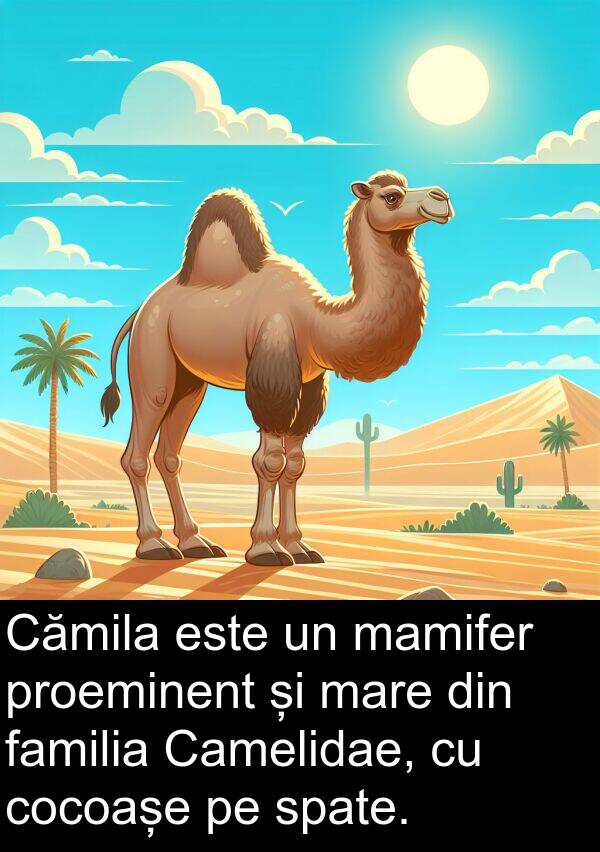 familia: Cămila este un mamifer proeminent și mare din familia Camelidae, cu cocoașe pe spate.