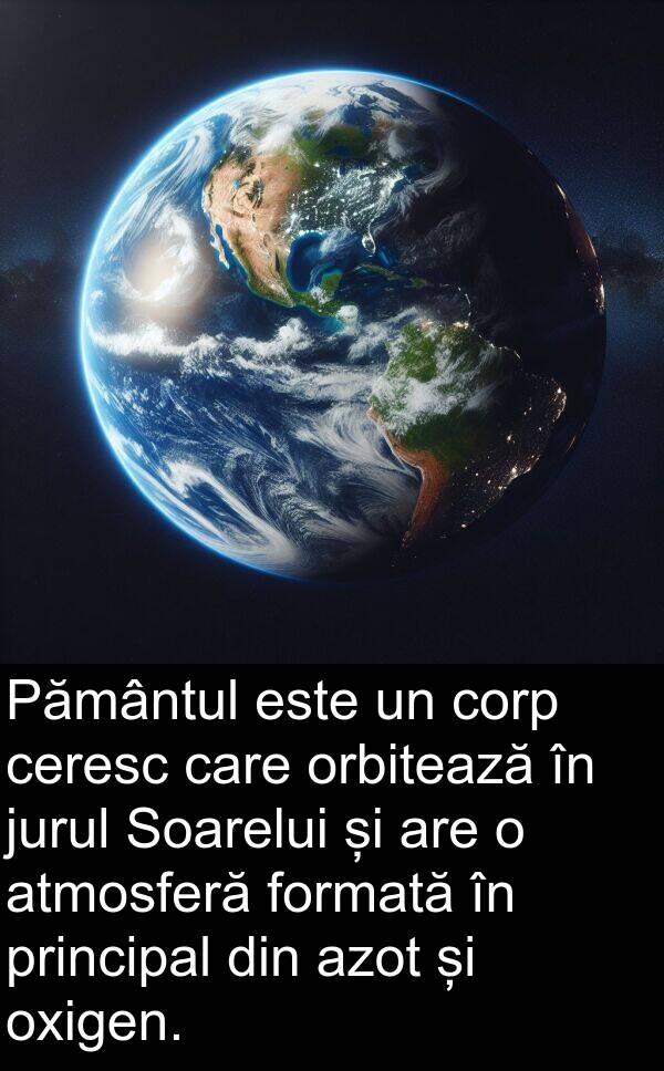 corp: Pământul este un corp ceresc care orbitează în jurul Soarelui și are o atmosferă formată în principal din azot și oxigen.